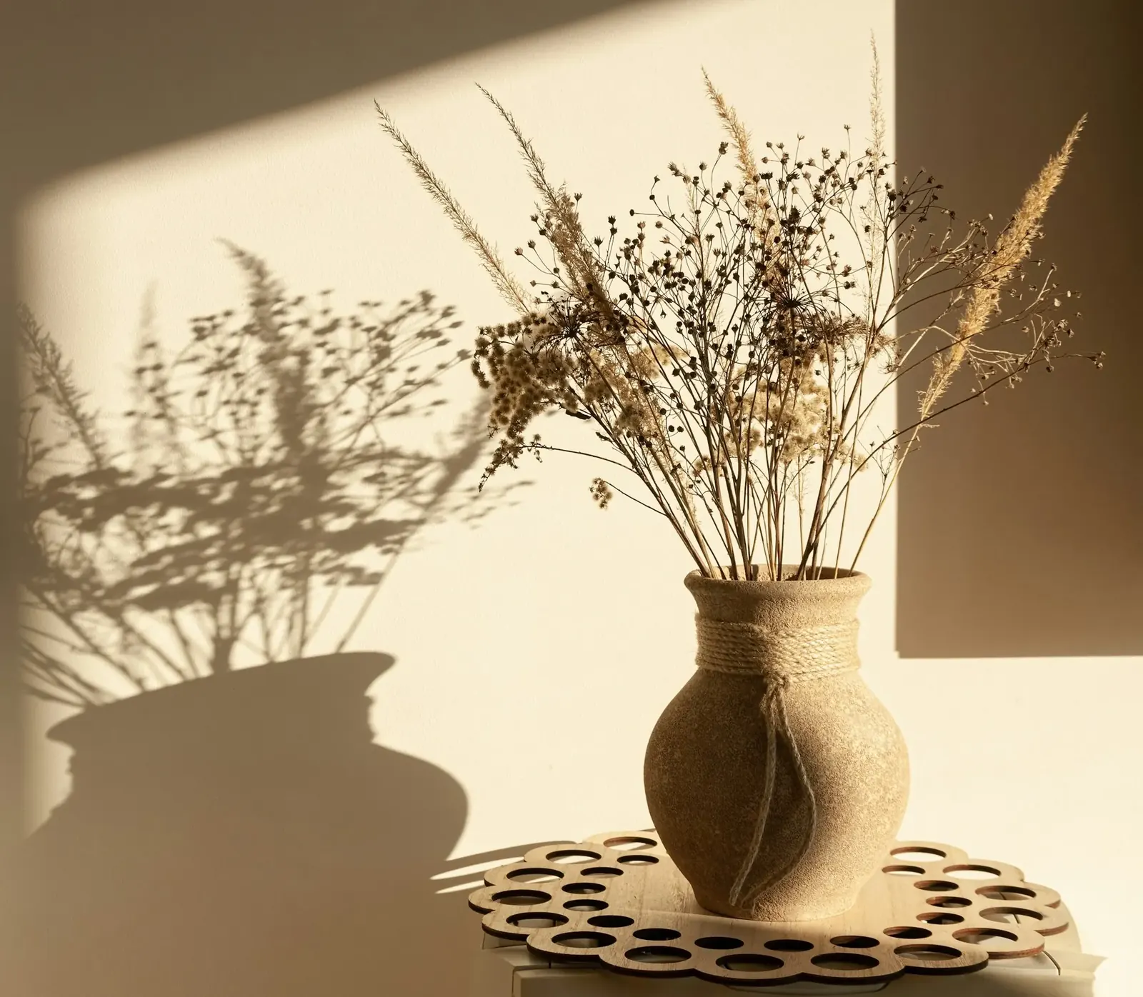 Vase mit Trockenblumen im warmen Licht